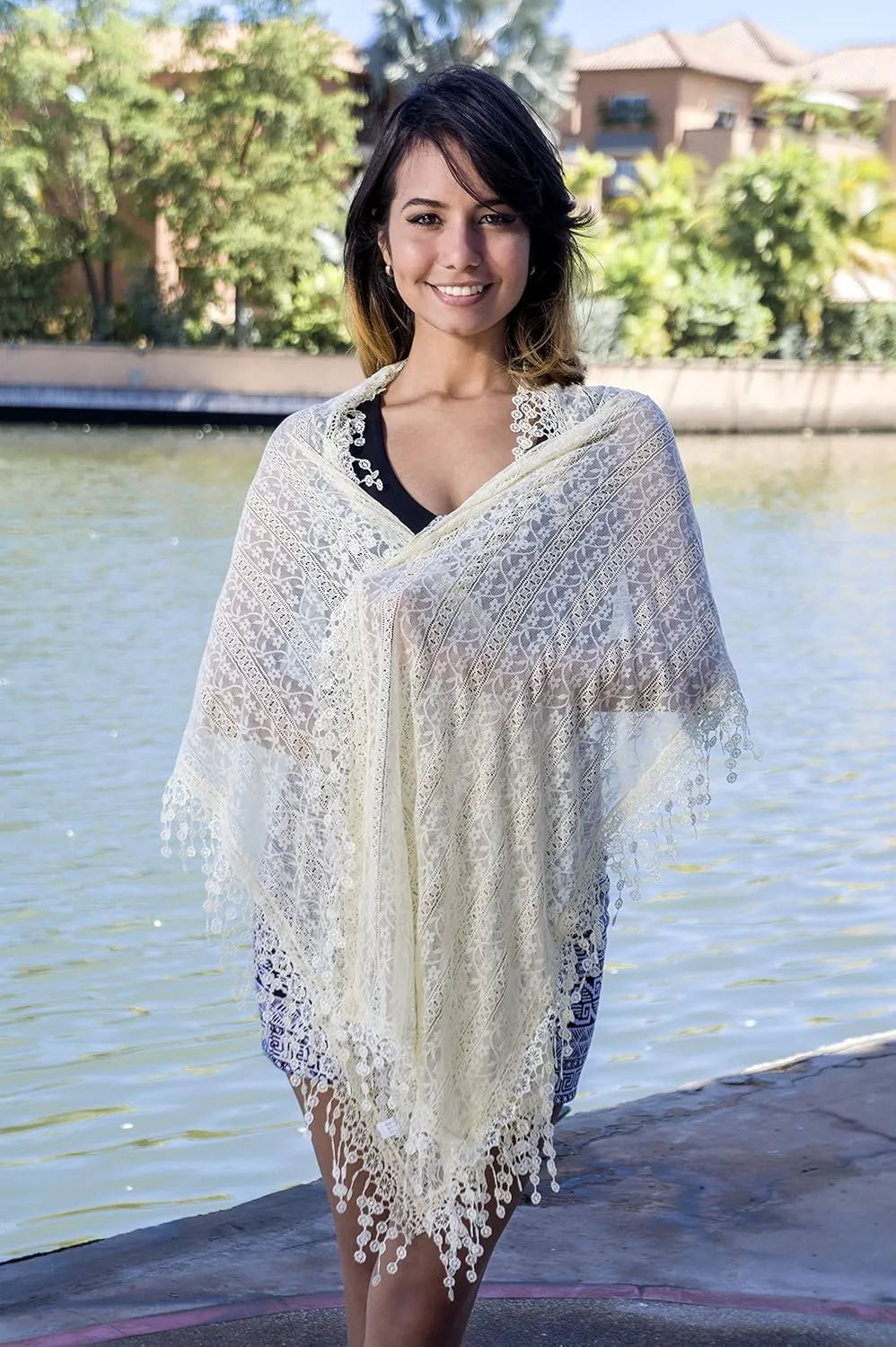 Cindy and Wendy Lightweight Soft Leaf Lace Fringes Scarf shawl for Women