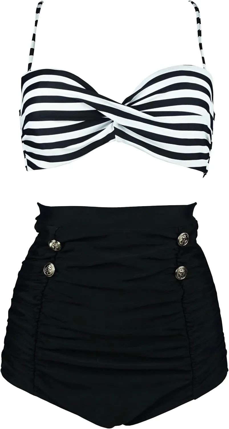 COCOSHIP Retro Polka Dot Twisted Front High Waisted Bikini Set Tie Belt Vintage Ruched Swimsuit(FBA)