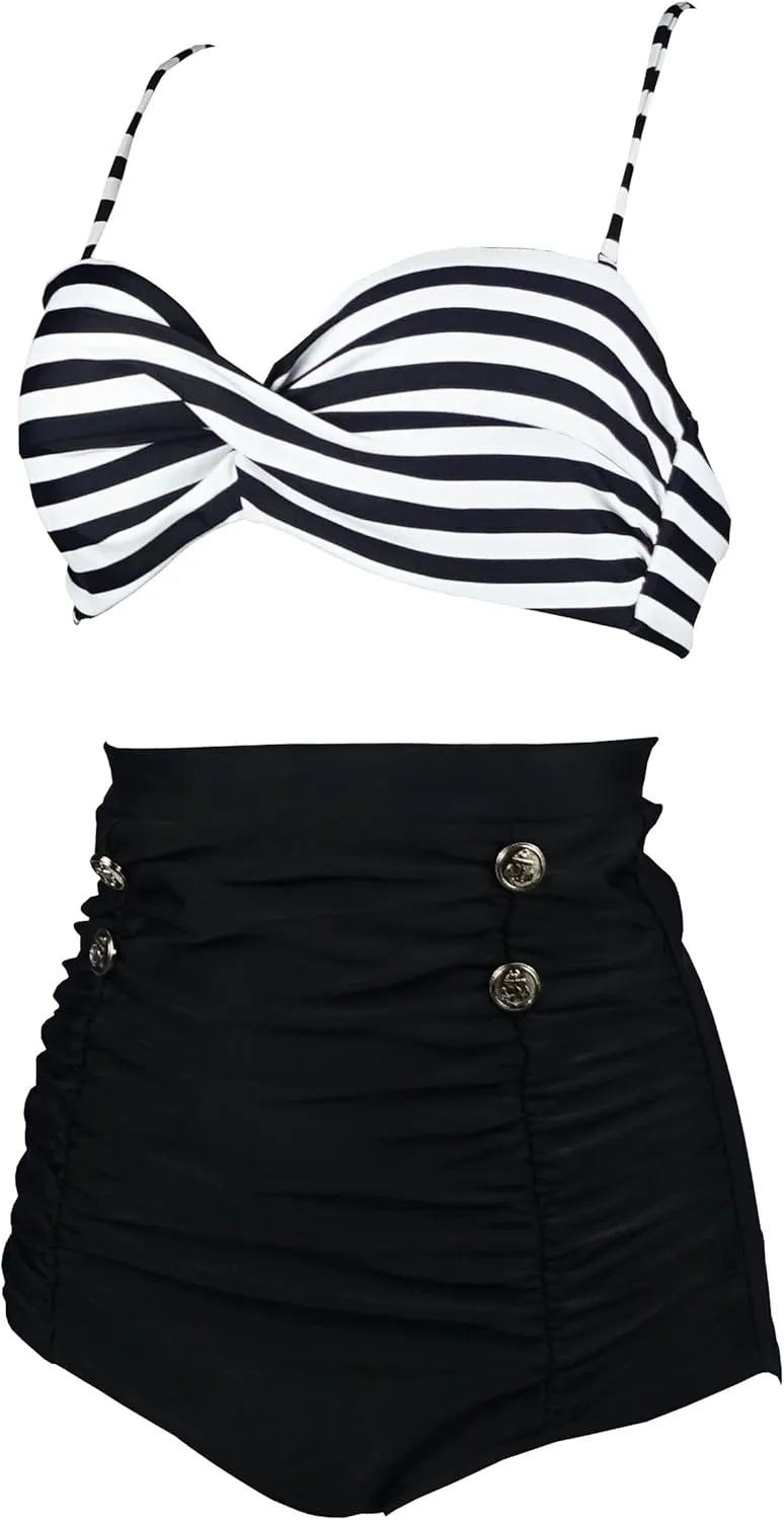 COCOSHIP Retro Polka Dot Twisted Front High Waisted Bikini Set Tie Belt Vintage Ruched Swimsuit(FBA)