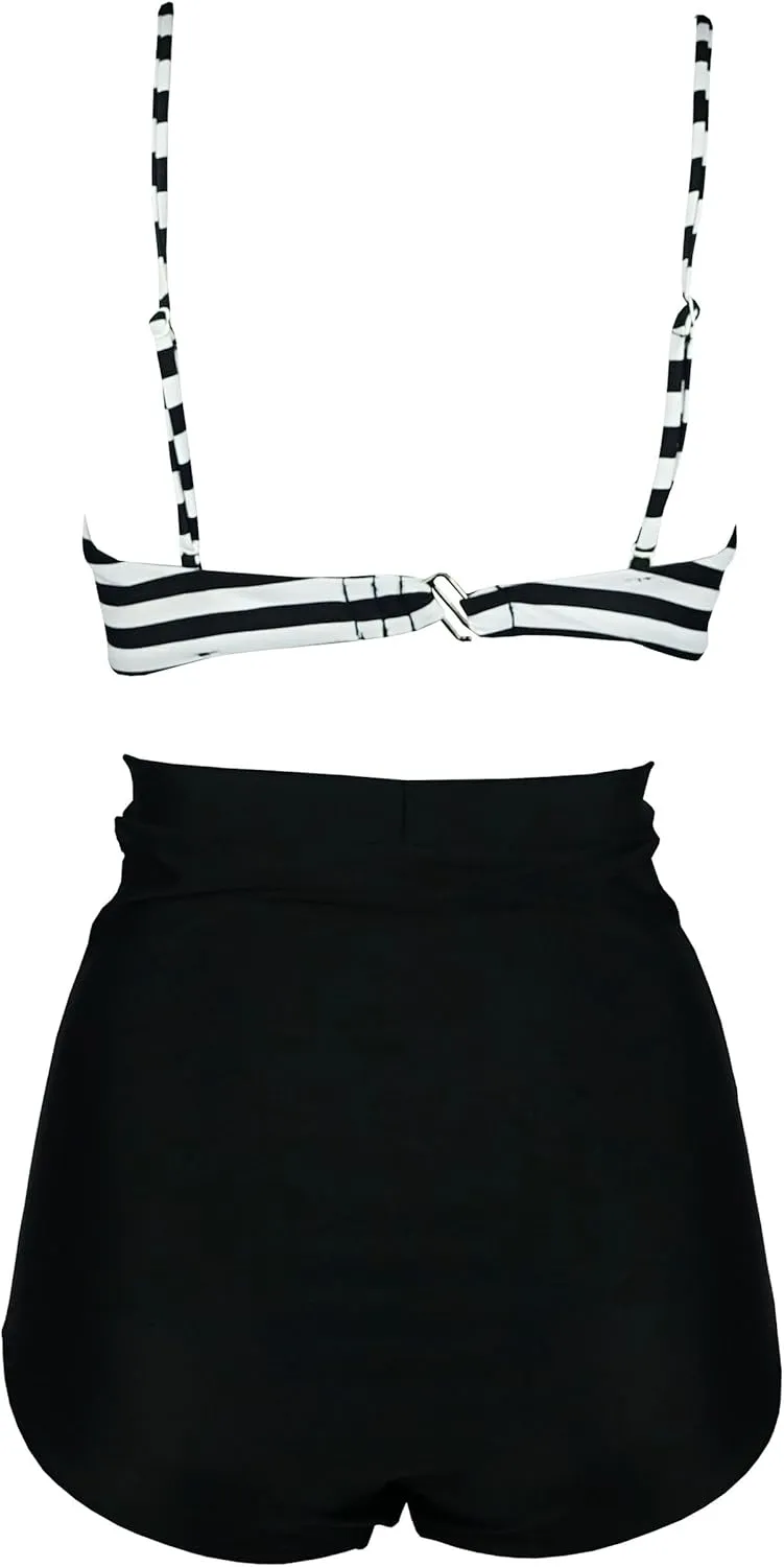COCOSHIP Retro Polka Dot Twisted Front High Waisted Bikini Set Tie Belt Vintage Ruched Swimsuit(FBA)