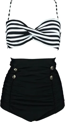 COCOSHIP Retro Polka Dot Twisted Front High Waisted Bikini Set Tie Belt Vintage Ruched Swimsuit(FBA)