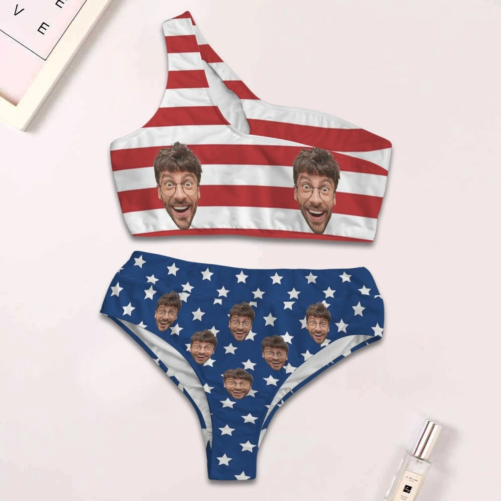 Custom Face American Flag Women One Shoulder Bikini Set High Waisted Tie Cut Two Piece Swimsuits