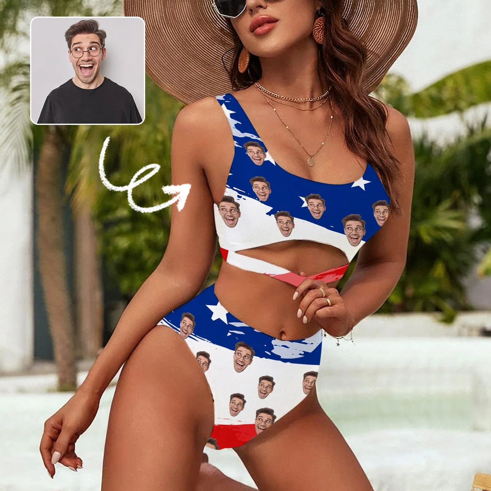 Custom Face US Flag Women's High Waisted Bikini Sets Personalized High Cut Swimsuits Sporty Cut Out Swimsuits Bathing Suits