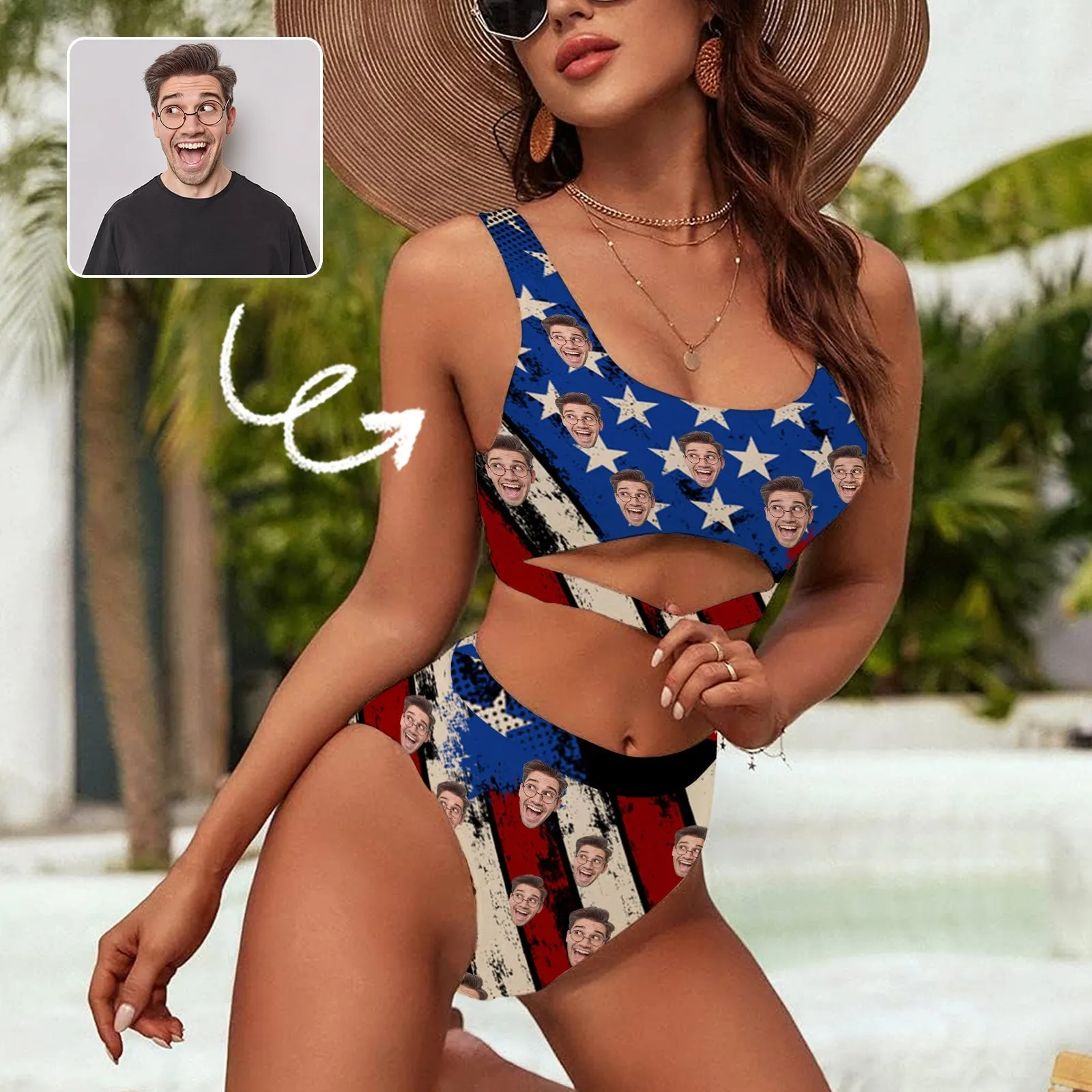 Custom Face US Flag Women's High Waisted Bikini Sets Personalized High Cut Swimsuits Sporty Cut Out Swimsuits Bathing Suits