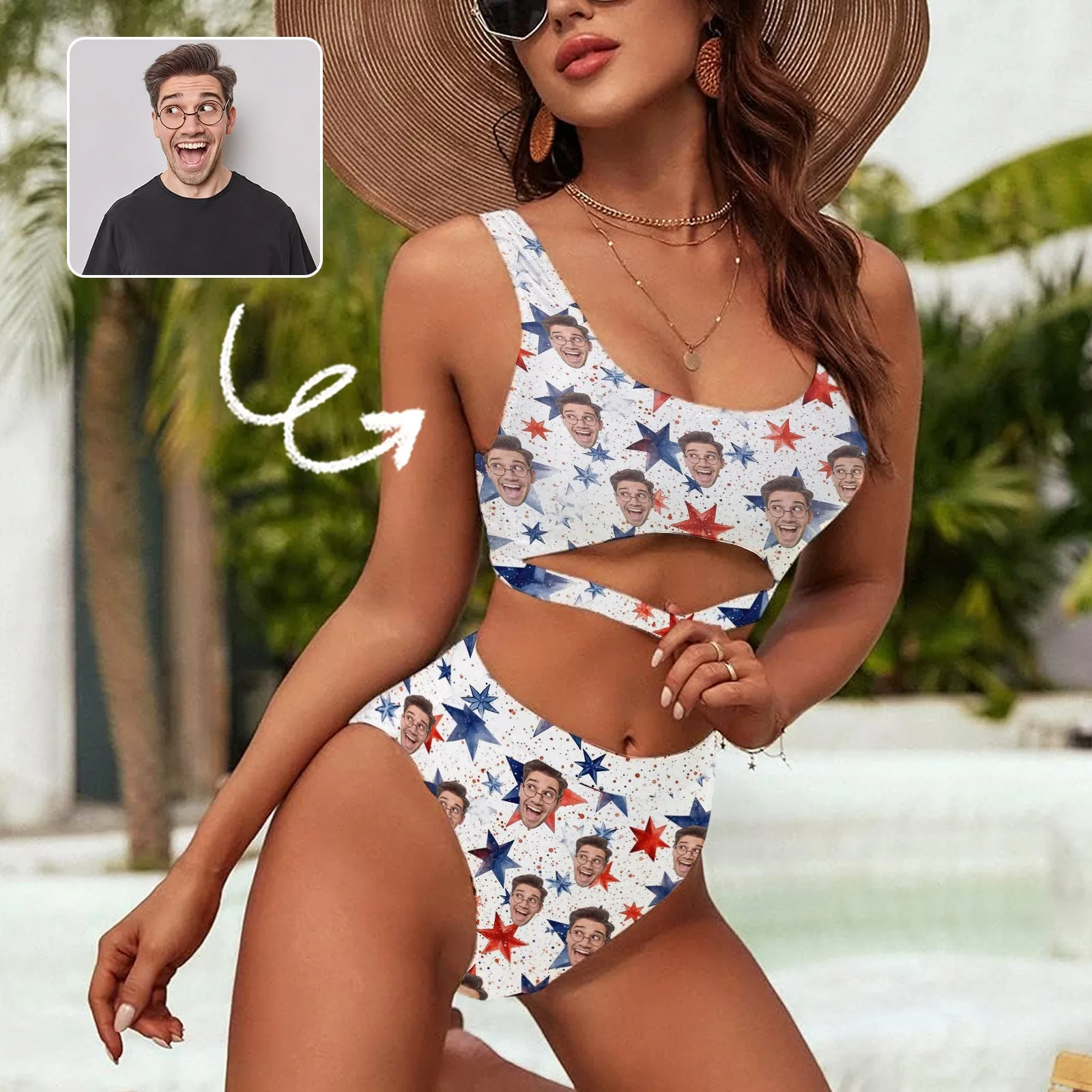 Custom Face US Flag Women's High Waisted Bikini Sets Personalized High Cut Swimsuits Sporty Cut Out Swimsuits Bathing Suits