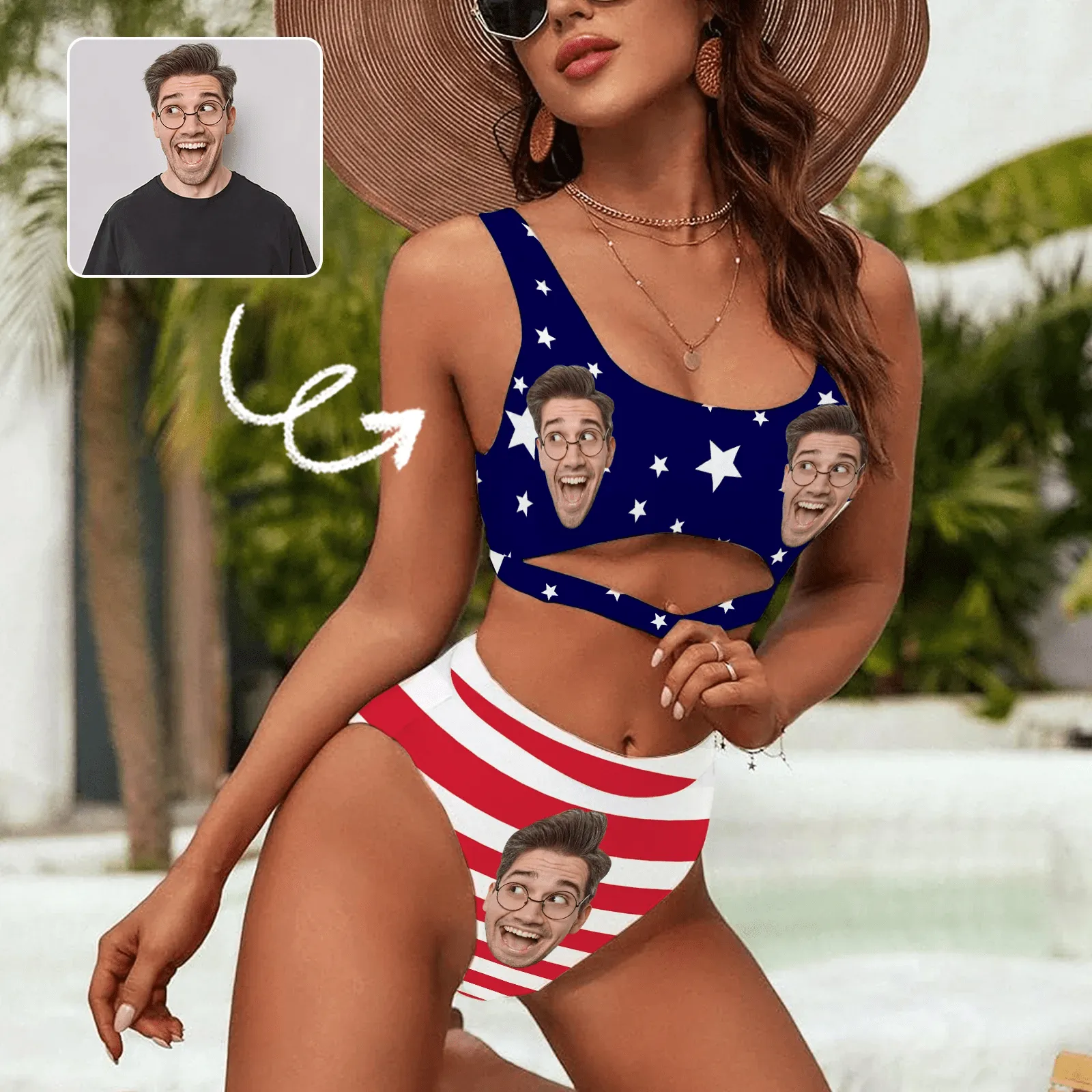 Custom Face US Flag Women's High Waisted Bikini Sets Personalized High Cut Swimsuits Sporty Cut Out Swimsuits Bathing Suits