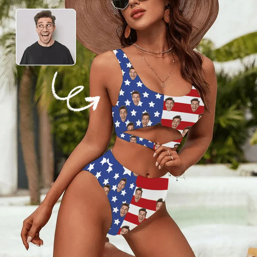 Custom Face US Flag Women's High Waisted Bikini Sets Personalized High Cut Swimsuits Sporty Cut Out Swimsuits Bathing Suits