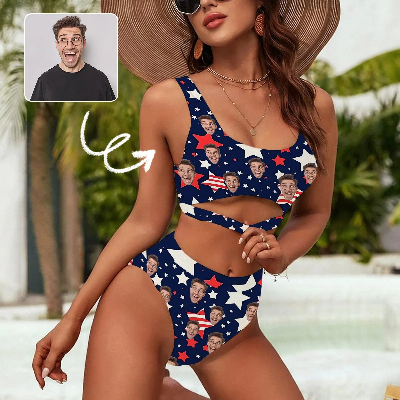 Custom Face US Flag Women's High Waisted Bikini Sets Personalized High Cut Swimsuits Sporty Cut Out Swimsuits Bathing Suits