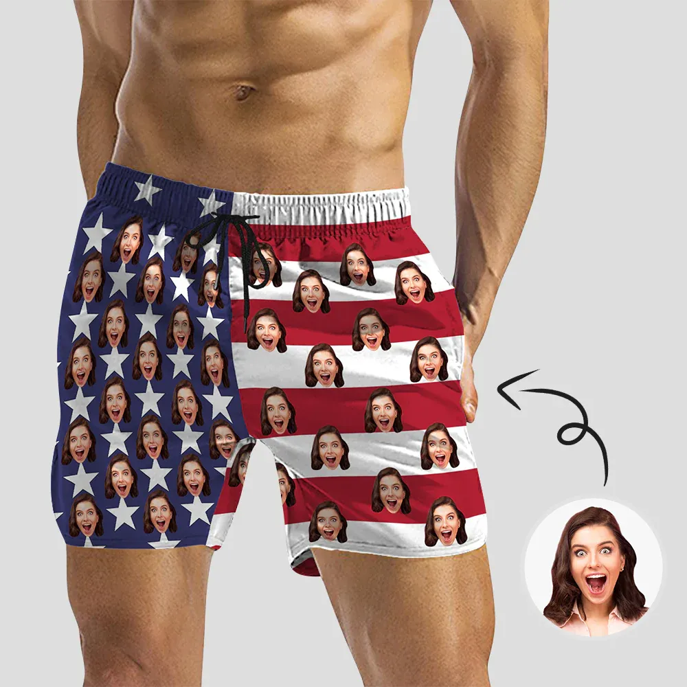 Custom Face US Flag Women's High Waisted Bikini Sets Personalized High Cut Swimsuits Sporty Cut Out Swimsuits Bathing Suits