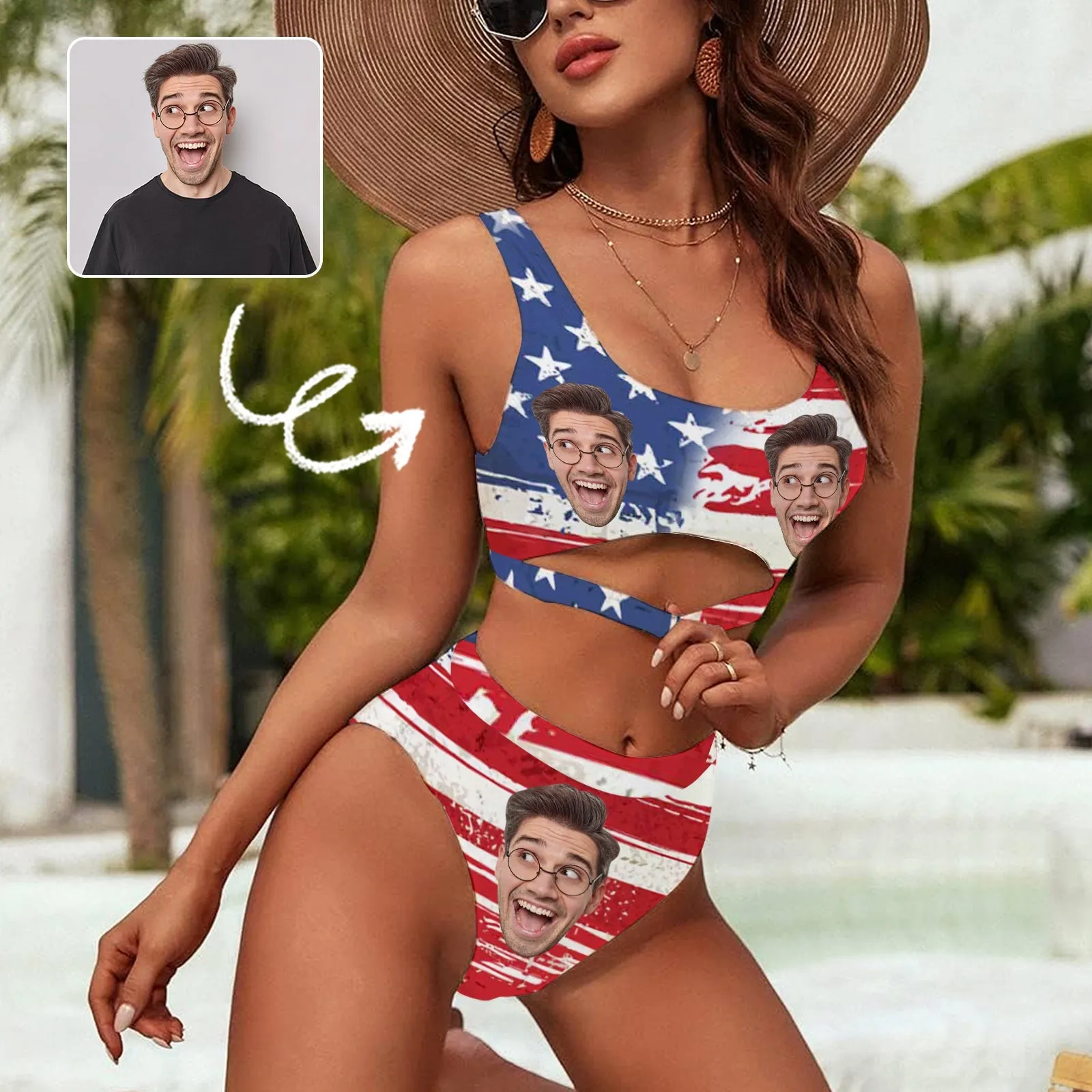 Custom Face US Flag Women's High Waisted Bikini Sets Personalized High Cut Swimsuits Sporty Cut Out Swimsuits Bathing Suits