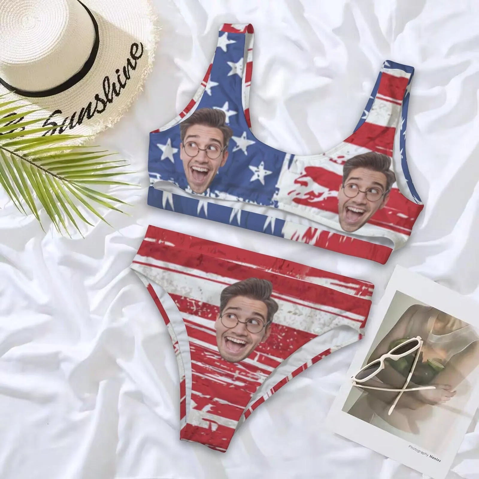 Custom Face US Flag Women's High Waisted Bikini Sets Personalized High Cut Swimsuits Sporty Cut Out Swimsuits Bathing Suits