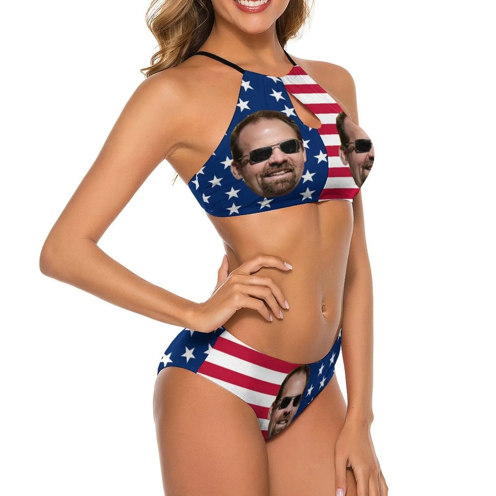 Custom Face USA Flag High Neck Cutout High Waisted Bikini Personalized Women's Two Piece Swimsuit Beach Outfits