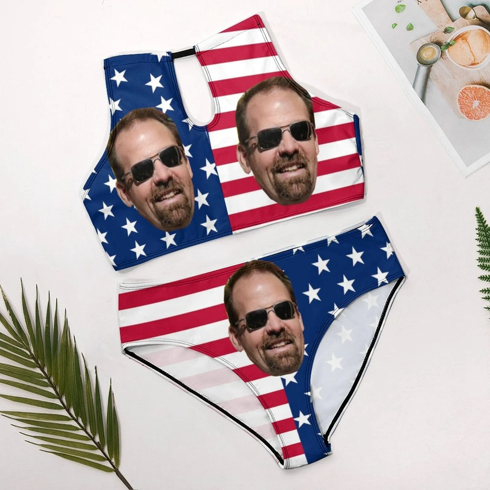 Custom Face USA Flag High Neck Cutout High Waisted Bikini Personalized Women's Two Piece Swimsuit Beach Outfits