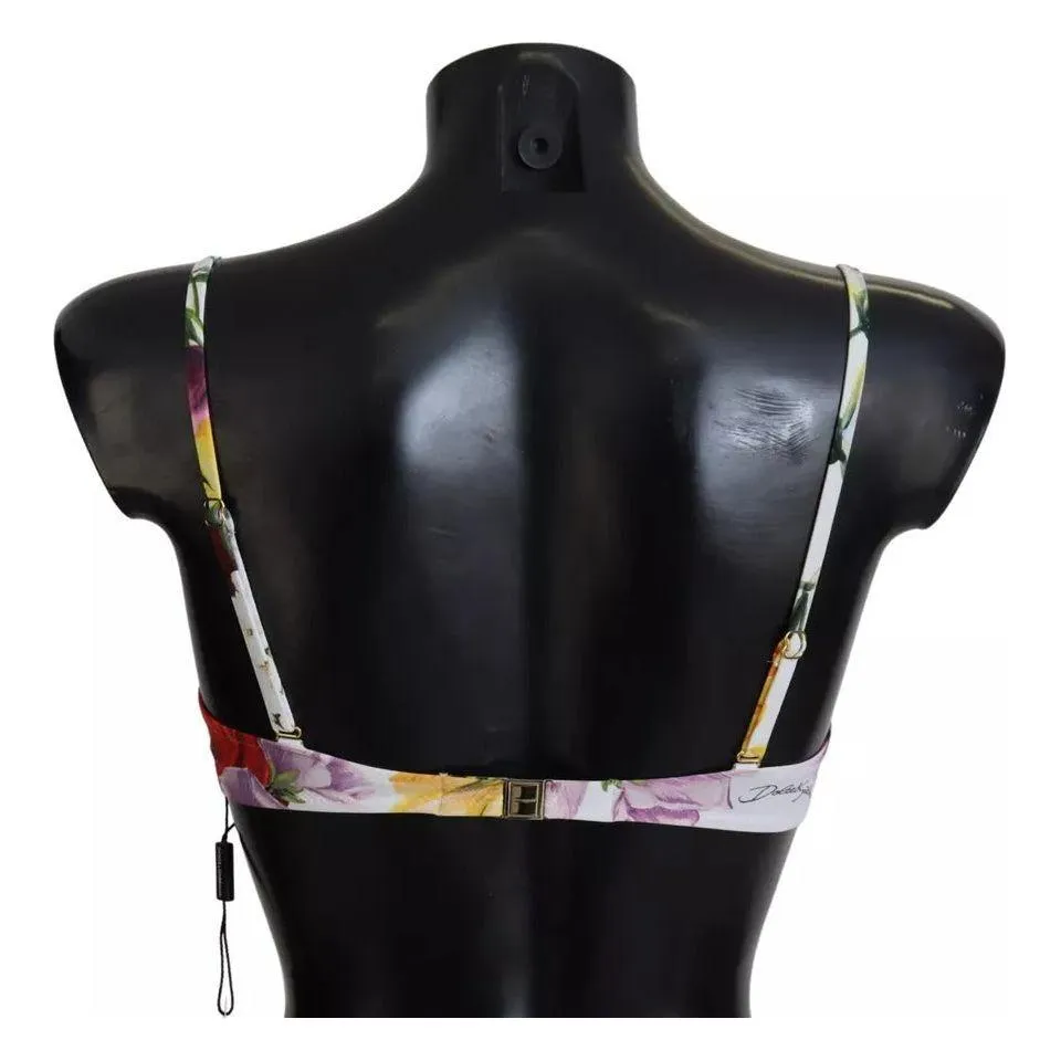 Dolce & Gabbana White Floral Print Beachwear Swimwear Bikini Top