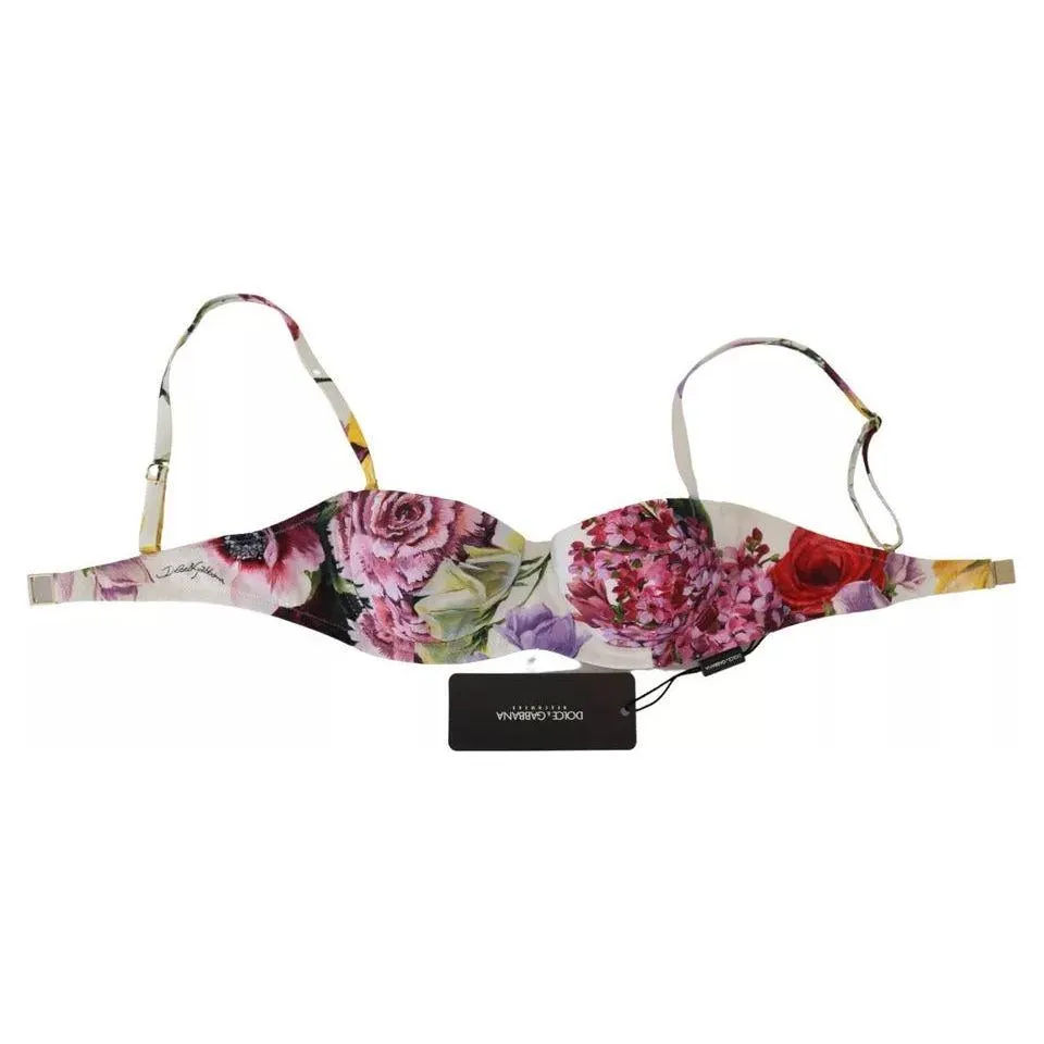 Dolce & Gabbana White Floral Print Beachwear Swimwear Bikini Top