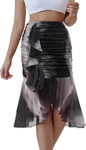 DRESSTELLS Summer Floral Mesh Skirt 2025, Stretchy Ruched Bodycon High Waisted Boho Mermaid Skirts