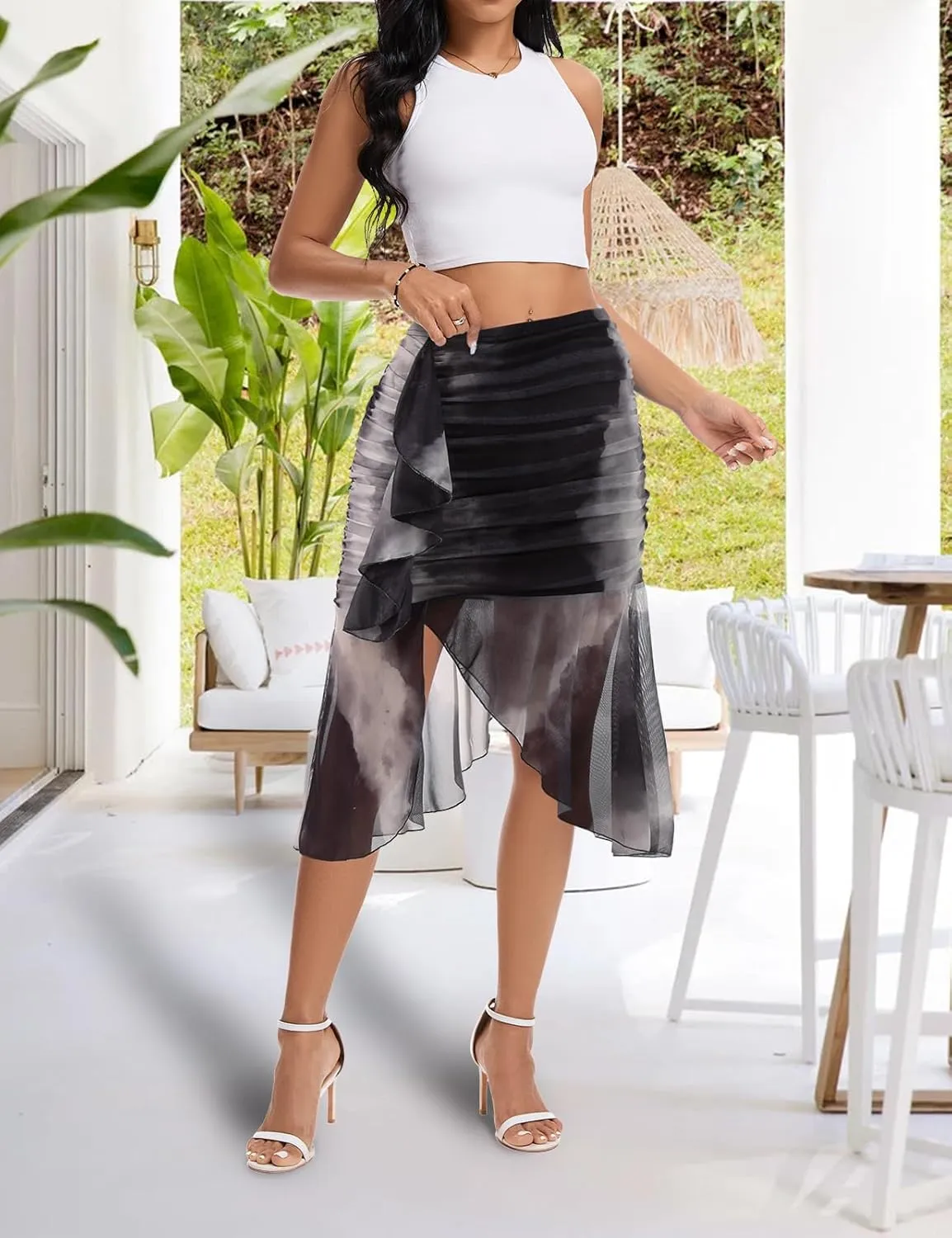 DRESSTELLS Summer Floral Mesh Skirt 2025, Stretchy Ruched Bodycon High Waisted Boho Mermaid Skirts