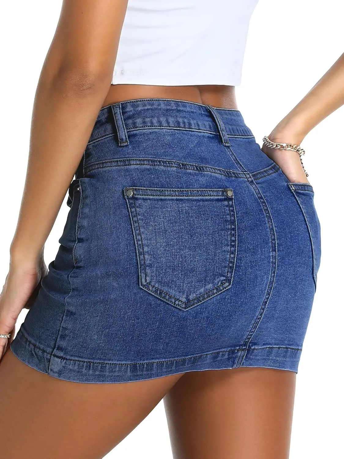 ELLEVEN Women's Y2k Stretchy Denim Mini Skirt Low Rise Casual Sexy Bodycon Jean Skirt with Pockets