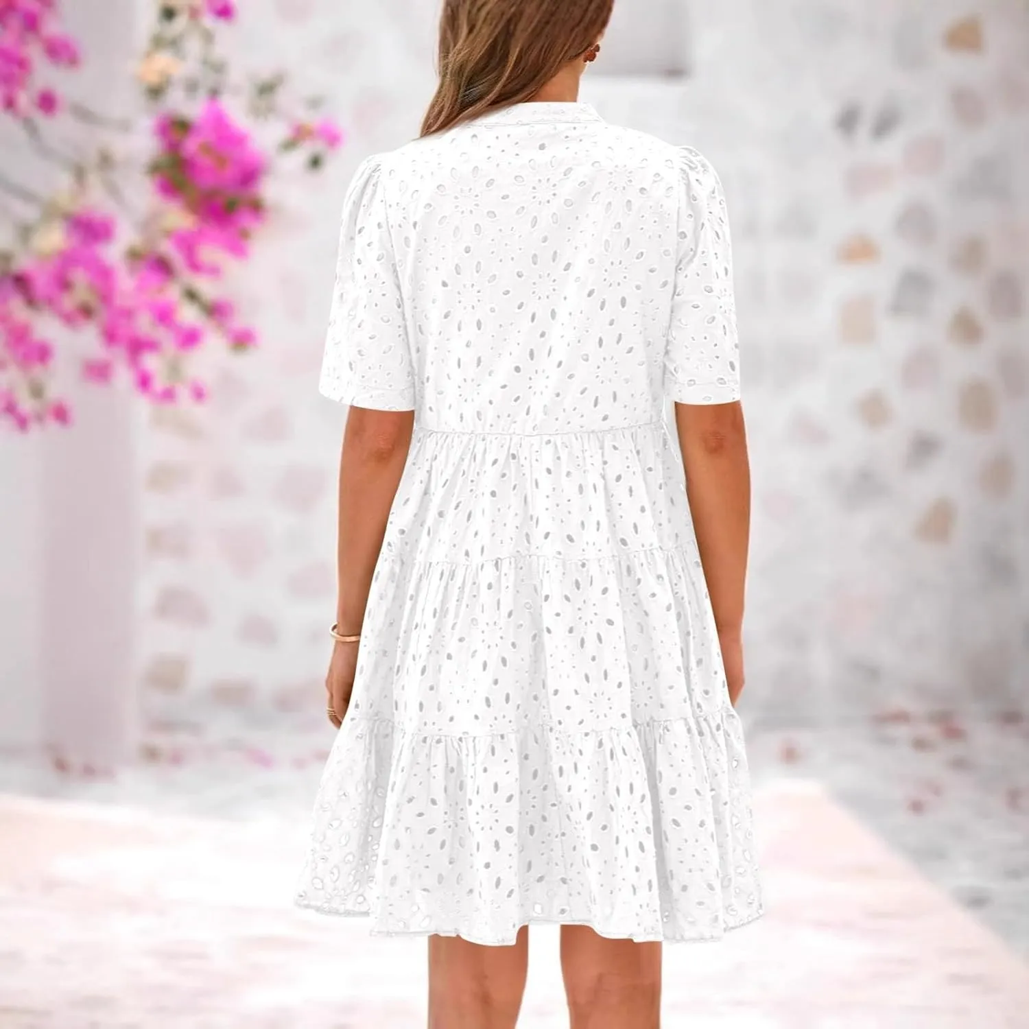 Eyelet Dresses for Women 2025 Loose V Neck Short Sleeve Ruffled Knee Length Dress Boho Summer Beach Short Dresses
