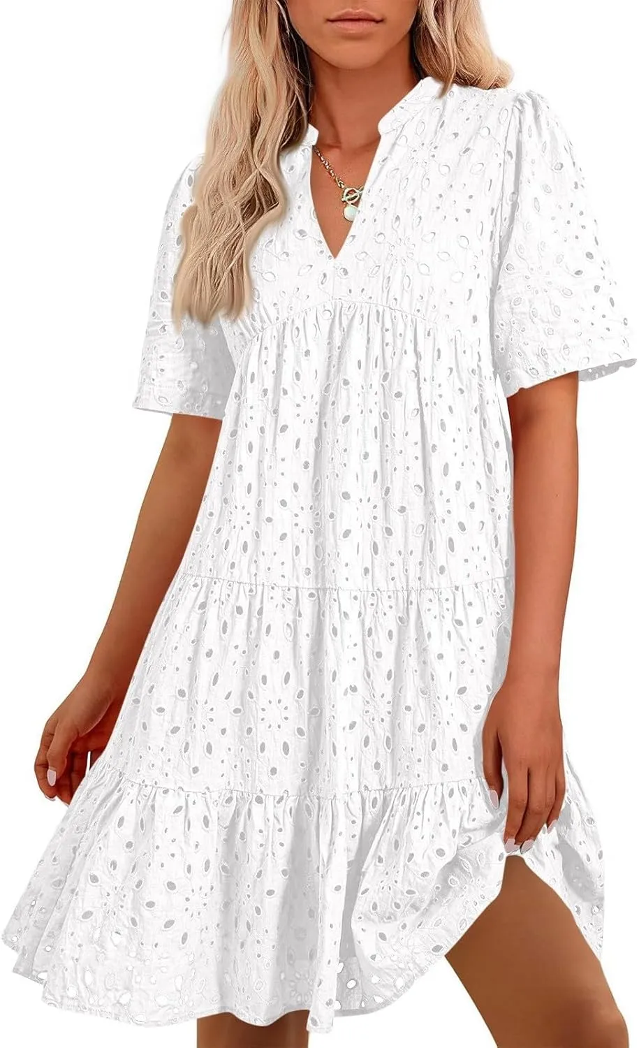 Eyelet Dresses for Women 2025 Loose V Neck Short Sleeve Ruffled Knee Length Dress Boho Summer Beach Short Dresses