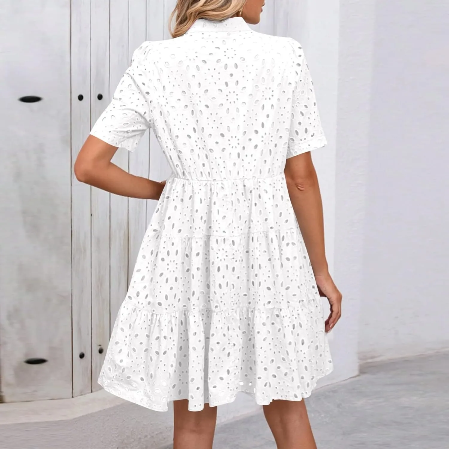 Eyelet Dresses for Women 2025 Loose V Neck Short Sleeve Ruffled Knee Length Dress Boho Summer Beach Short Dresses