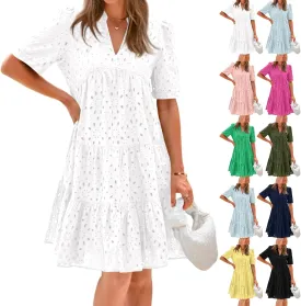 Eyelet Dresses for Women 2025 Loose V Neck Short Sleeve Ruffled Knee Length Dress Boho Summer Beach Short Dresses