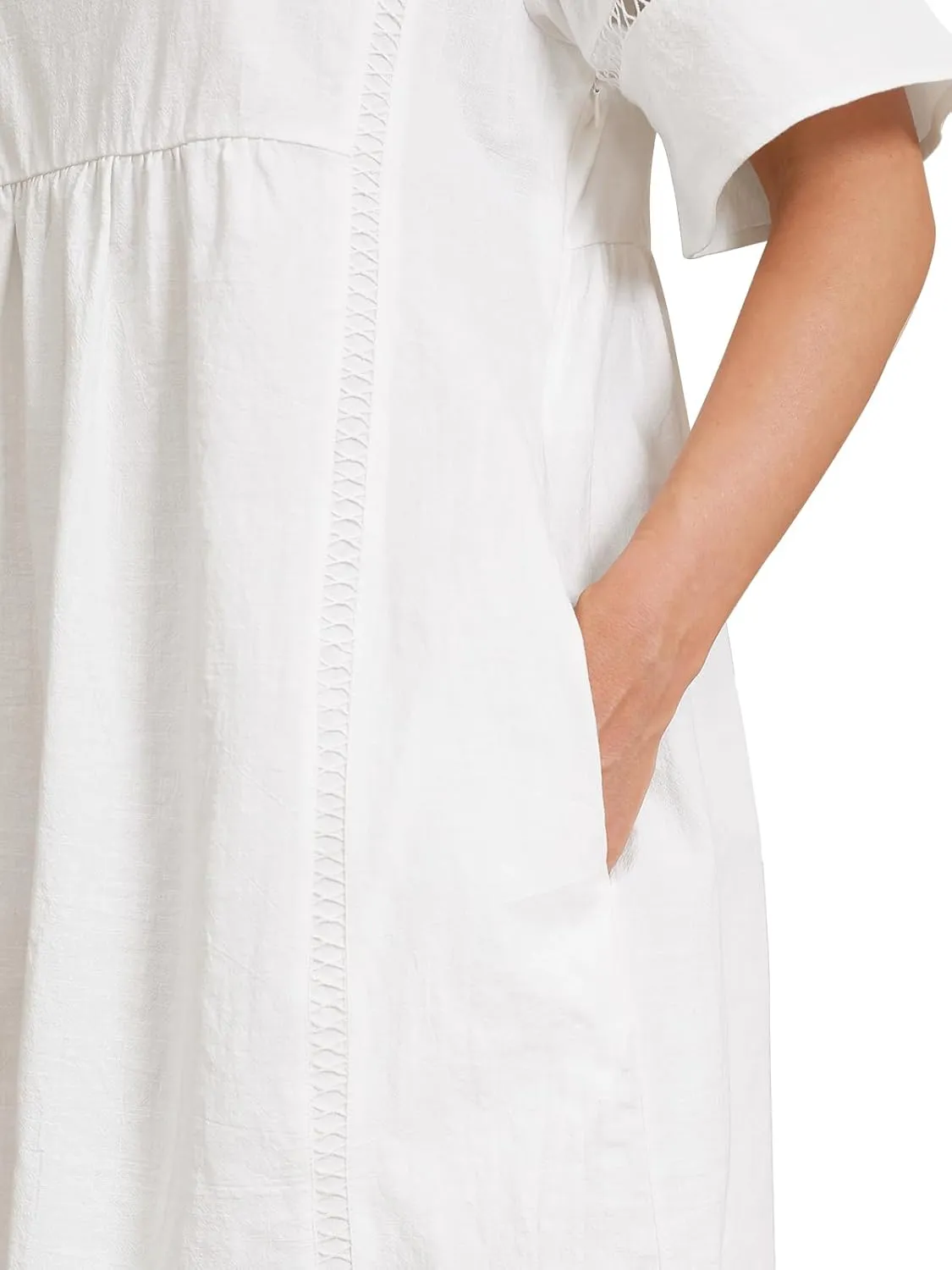 Fancysters Womens Casual Summer Midi Dress Short Sleeve Linen Cotton Flowly Beach Dresses with Pockets