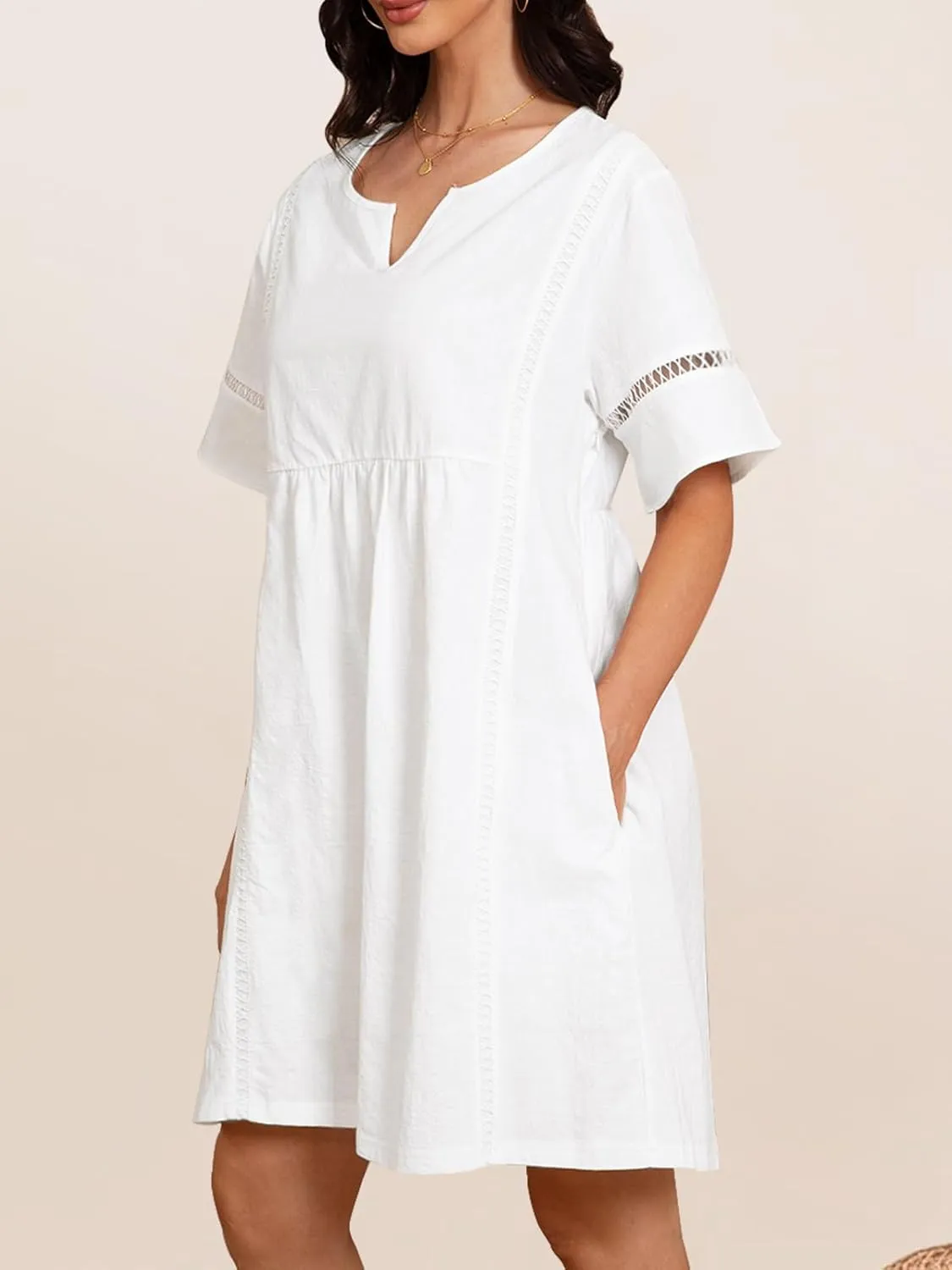 Fancysters Womens Casual Summer Midi Dress Short Sleeve Linen Cotton Flowly Beach Dresses with Pockets