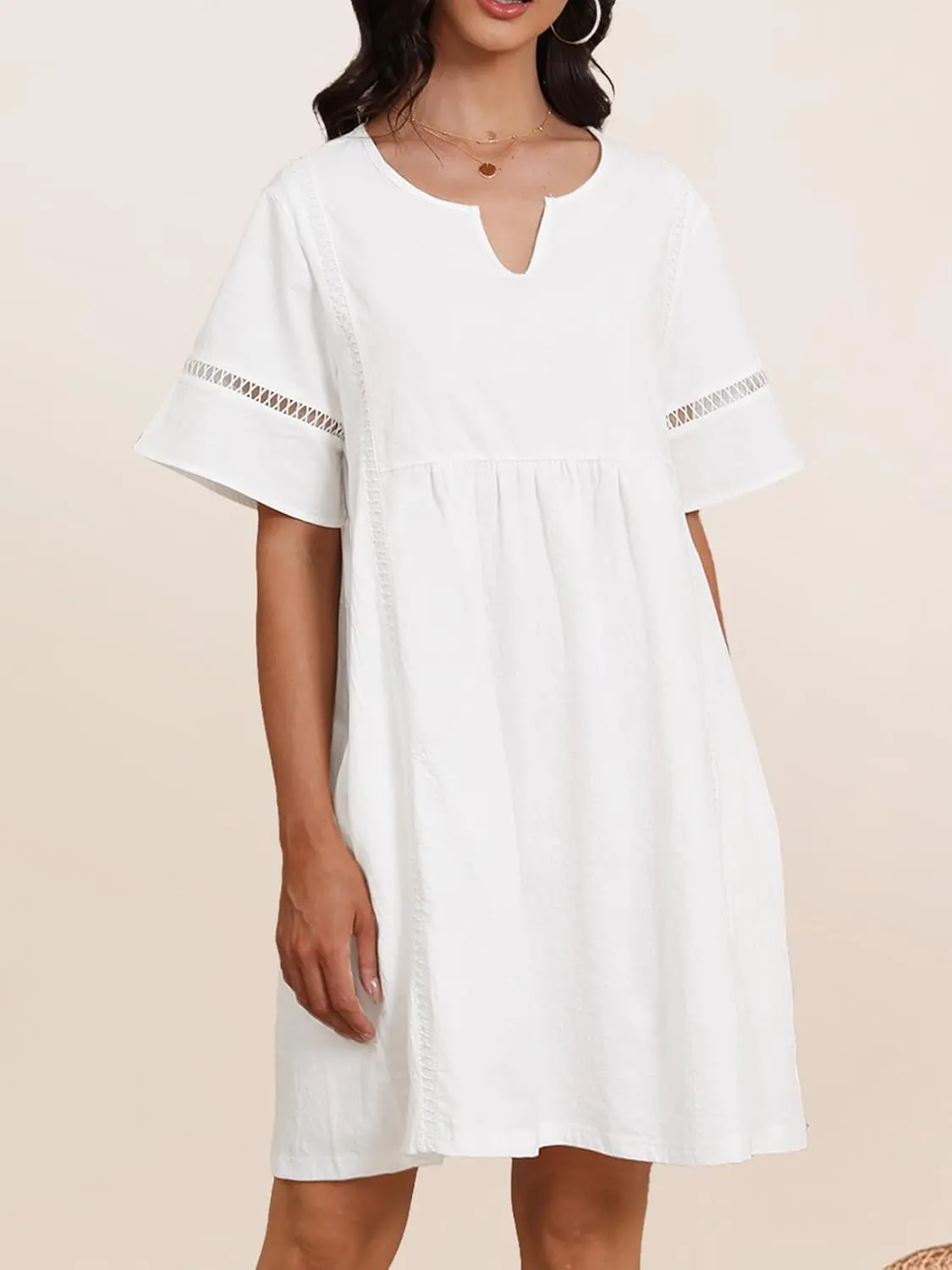 Fancysters Womens Casual Summer Midi Dress Short Sleeve Linen Cotton Flowly Beach Dresses with Pockets