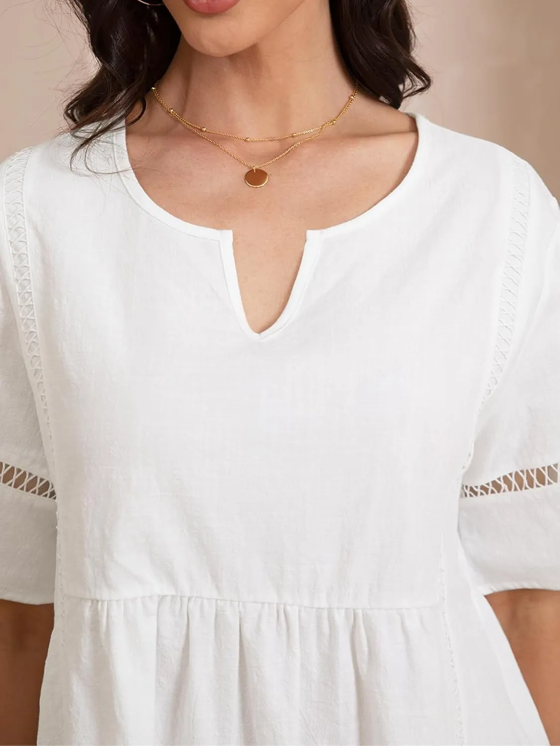 Fancysters Womens Casual Summer Midi Dress Short Sleeve Linen Cotton Flowly Beach Dresses with Pockets