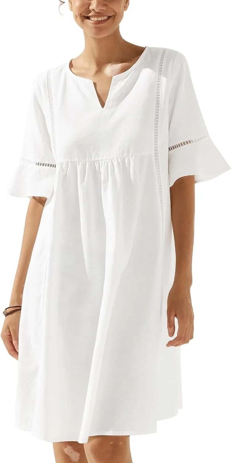 Fancysters Womens Casual Summer Midi Dress Short Sleeve Linen Cotton Flowly Beach Dresses with Pockets