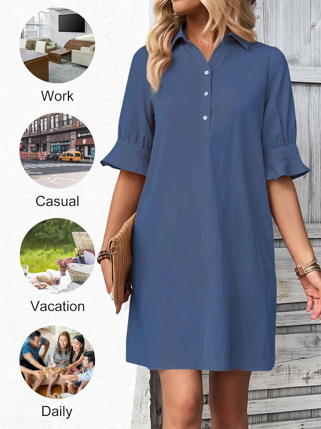 FENSACE Womens Casual Shirt Dress Ruffle Sleeve Solid Color Button Down Shift Summer Dresses with Pockets