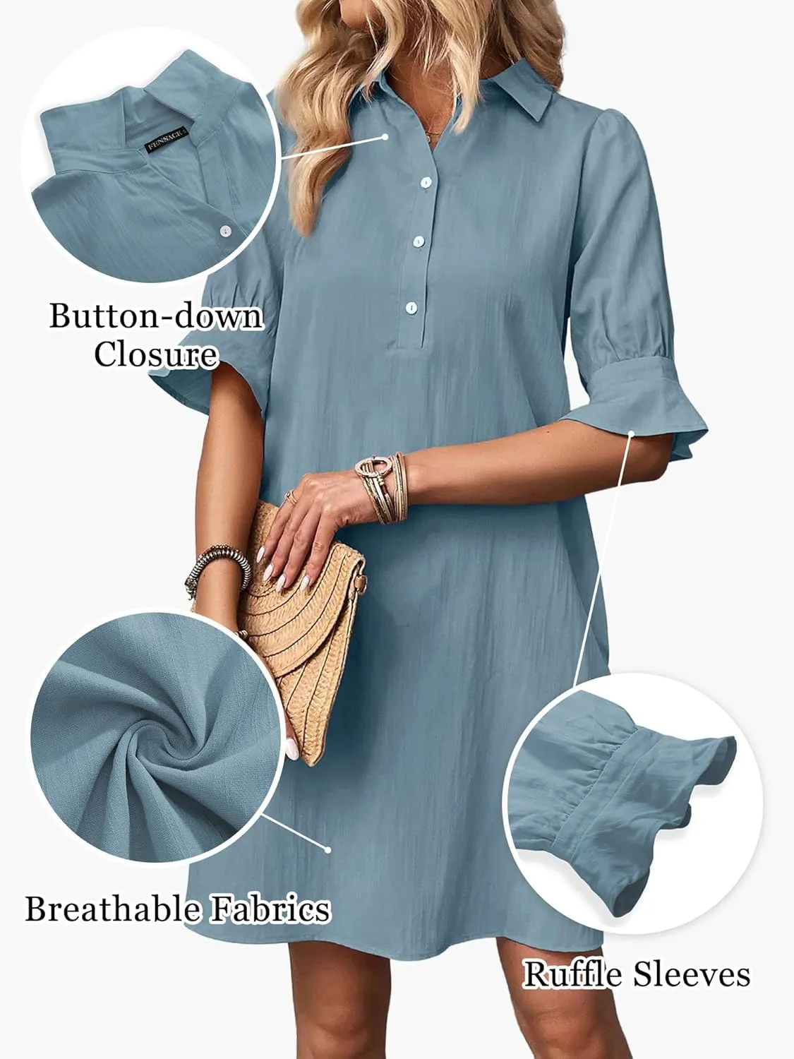 FENSACE Womens Casual Shirt Dress Ruffle Sleeve Solid Color Button Down Shift Summer Dresses with Pockets