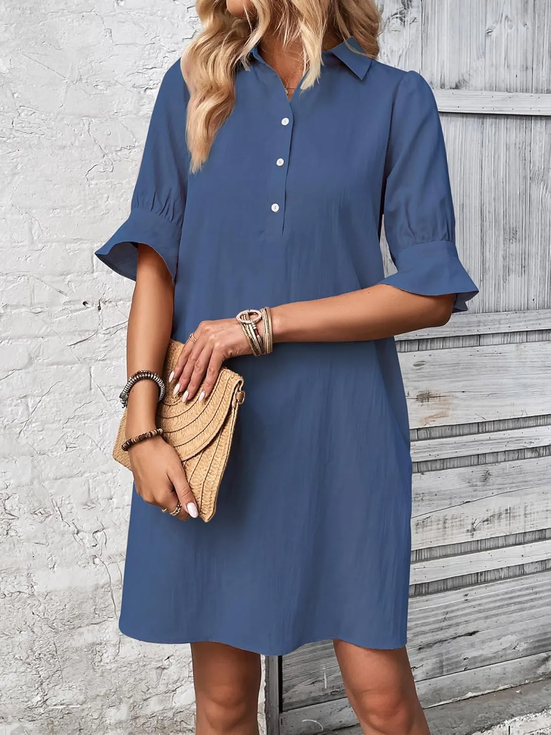 FENSACE Womens Casual Shirt Dress Ruffle Sleeve Solid Color Button Down Shift Summer Dresses with Pockets