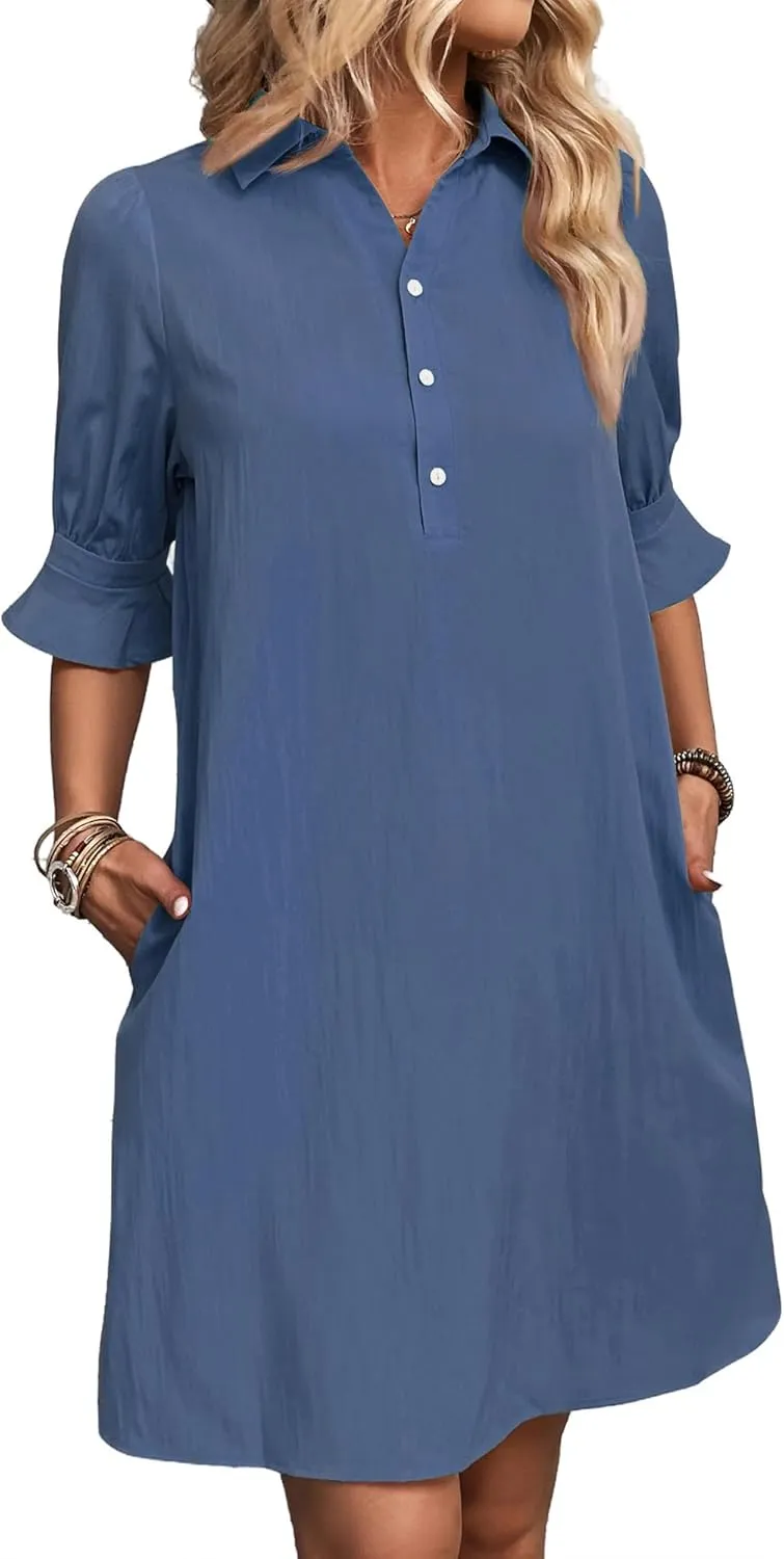 FENSACE Womens Casual Shirt Dress Ruffle Sleeve Solid Color Button Down Shift Summer Dresses with Pockets
