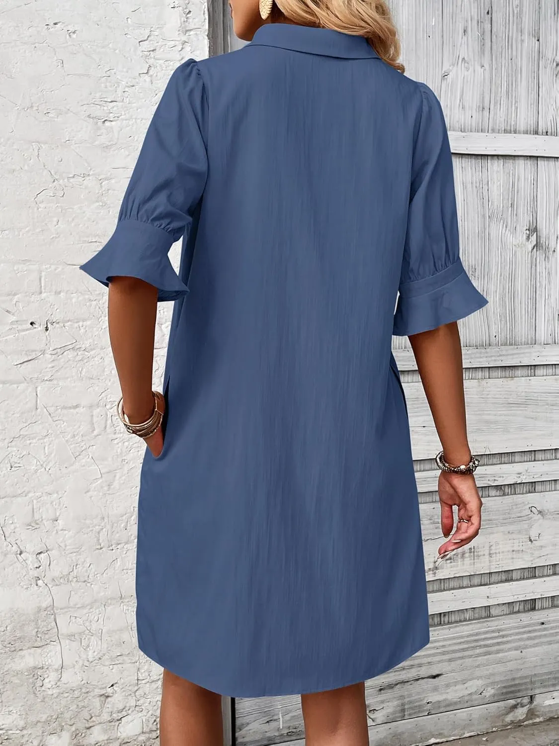 FENSACE Womens Casual Shirt Dress Ruffle Sleeve Solid Color Button Down Shift Summer Dresses with Pockets