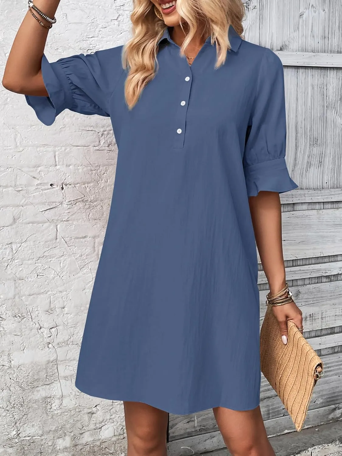 FENSACE Womens Casual Shirt Dress Ruffle Sleeve Solid Color Button Down Shift Summer Dresses with Pockets