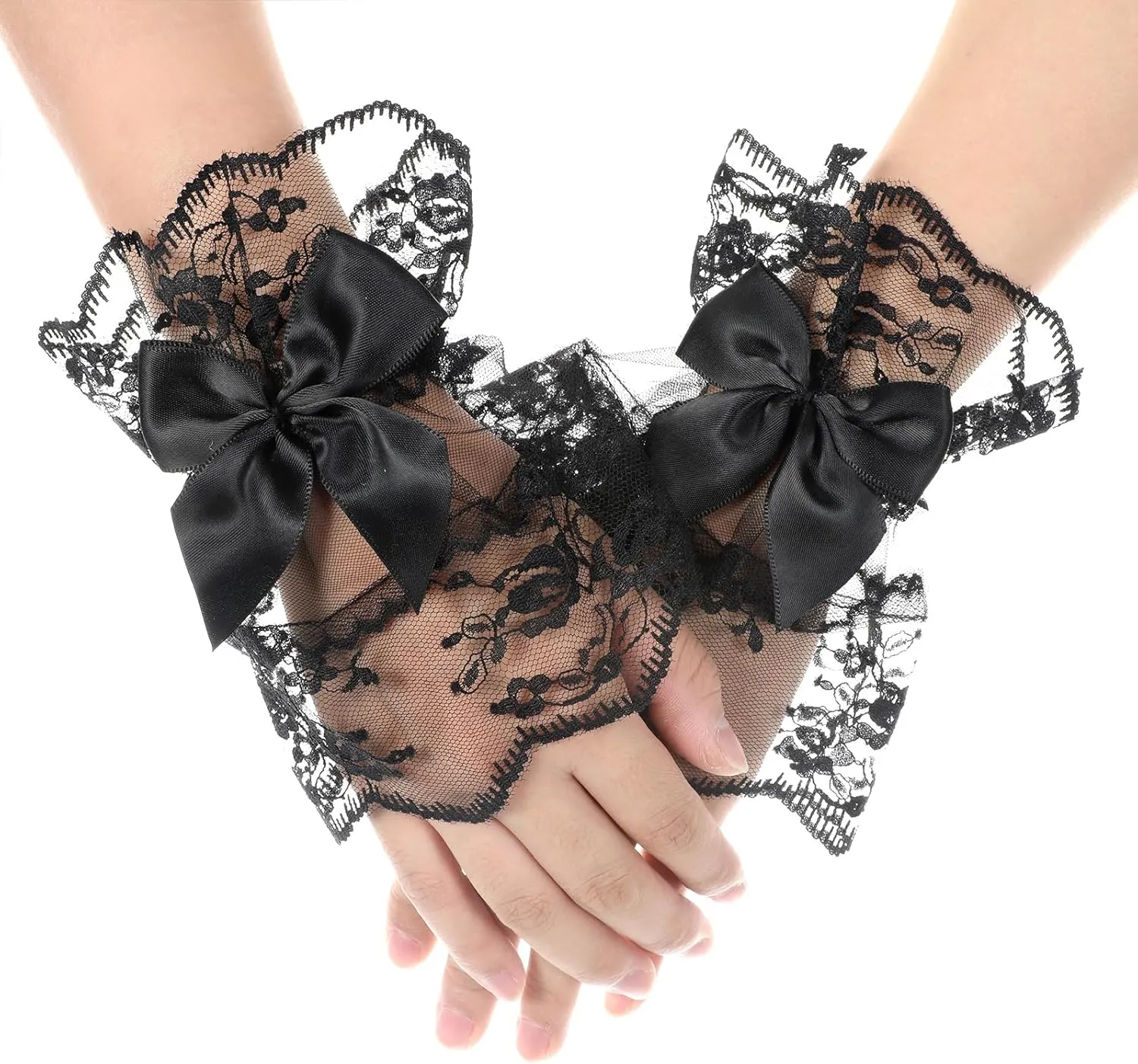 Fingerless Lace Gloves, Floral Lace Bow Short Wrist Cuff Lolita Hand Sleeve for Women Bridal Glove for Wedding Party