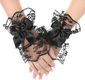 Fingerless Lace Gloves, Floral Lace Bow Short Wrist Cuff Lolita Hand Sleeve for Women Bridal Glove for Wedding Party