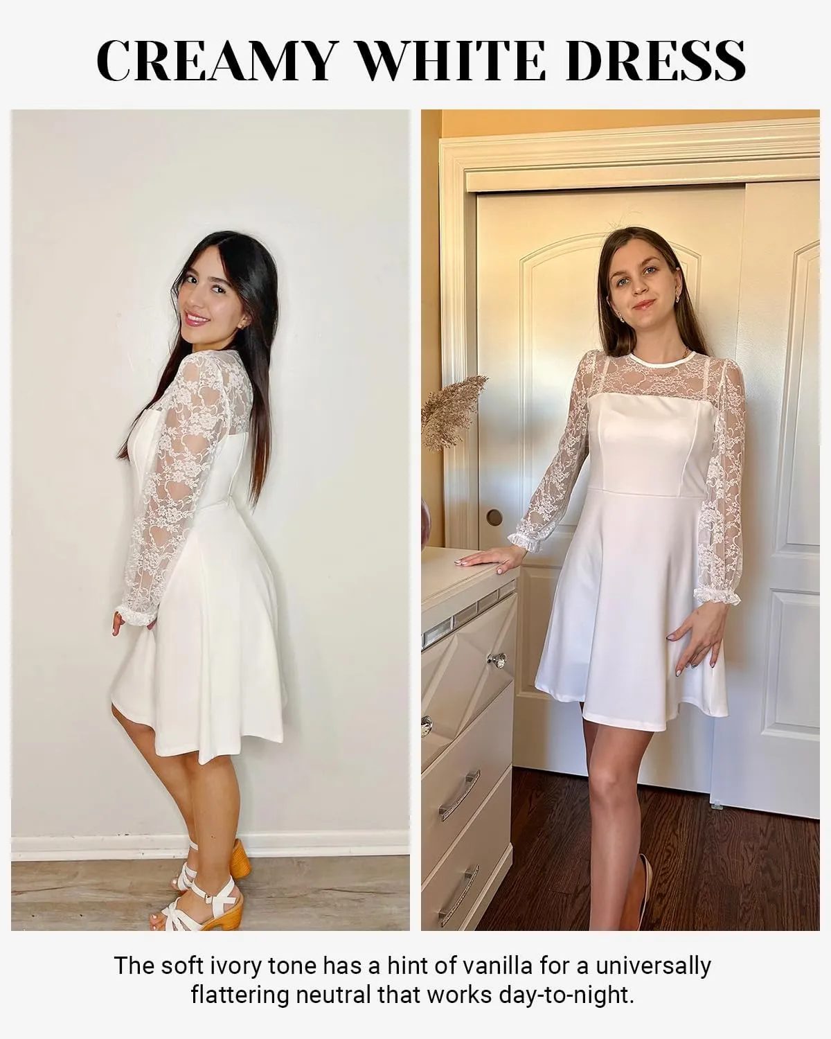 Holipick Women's Cocktail Dresses Wedding Guest Party Crew Neck Short A Line Dress with Lace Sleeves