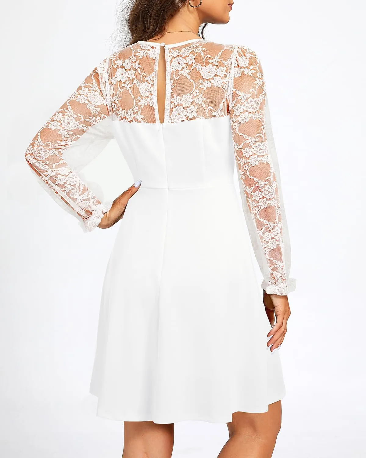 Holipick Women's Cocktail Dresses Wedding Guest Party Crew Neck Short A Line Dress with Lace Sleeves