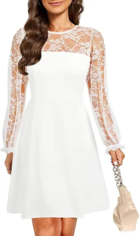 Holipick Women's Cocktail Dresses Wedding Guest Party Crew Neck Short A Line Dress with Lace Sleeves