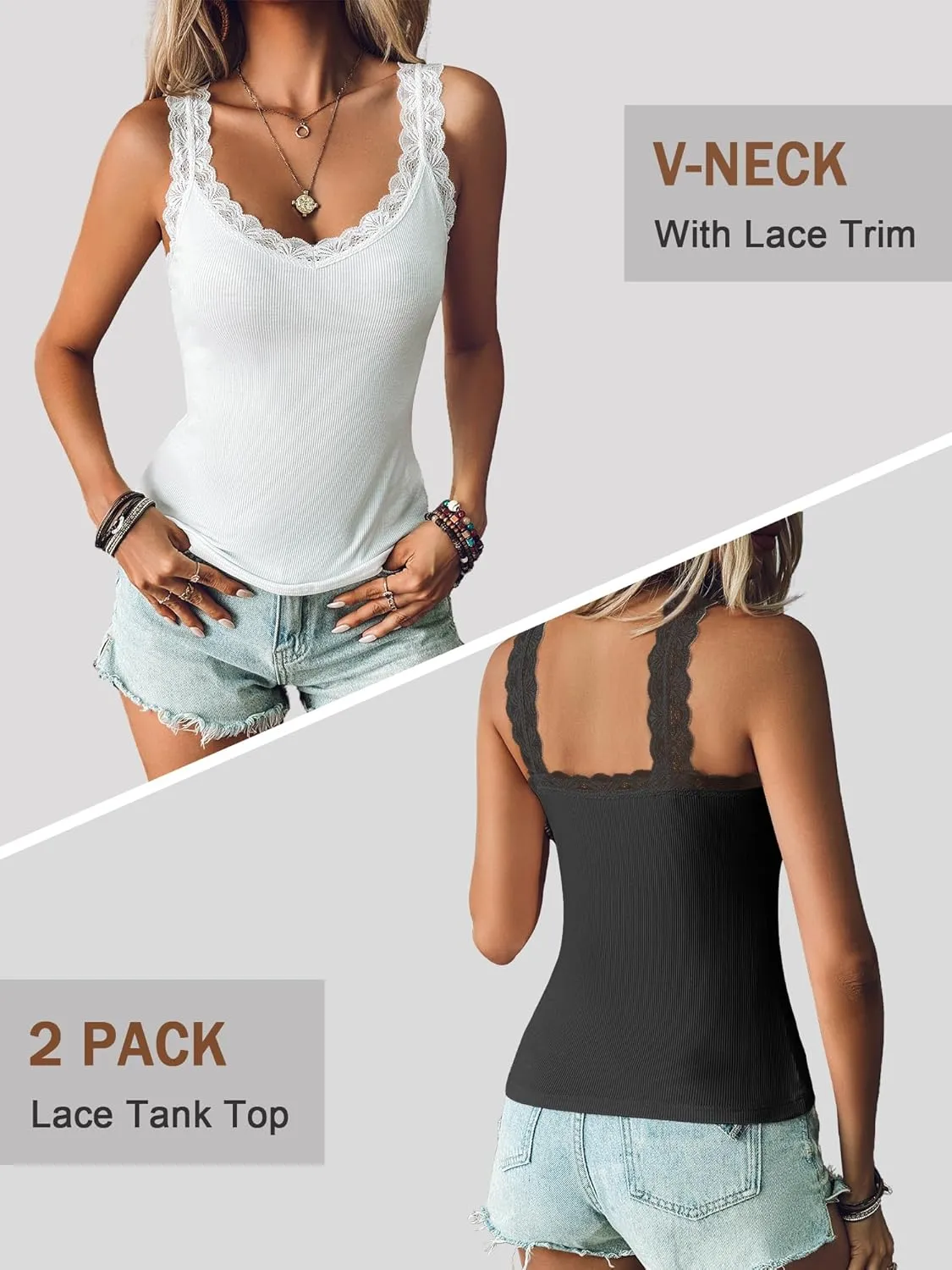 Ibeauti 2 Pack Lace Camisole Tank Tops for Women Sleeveless Summer Going Out Tops Ribbed Cami Undershirts