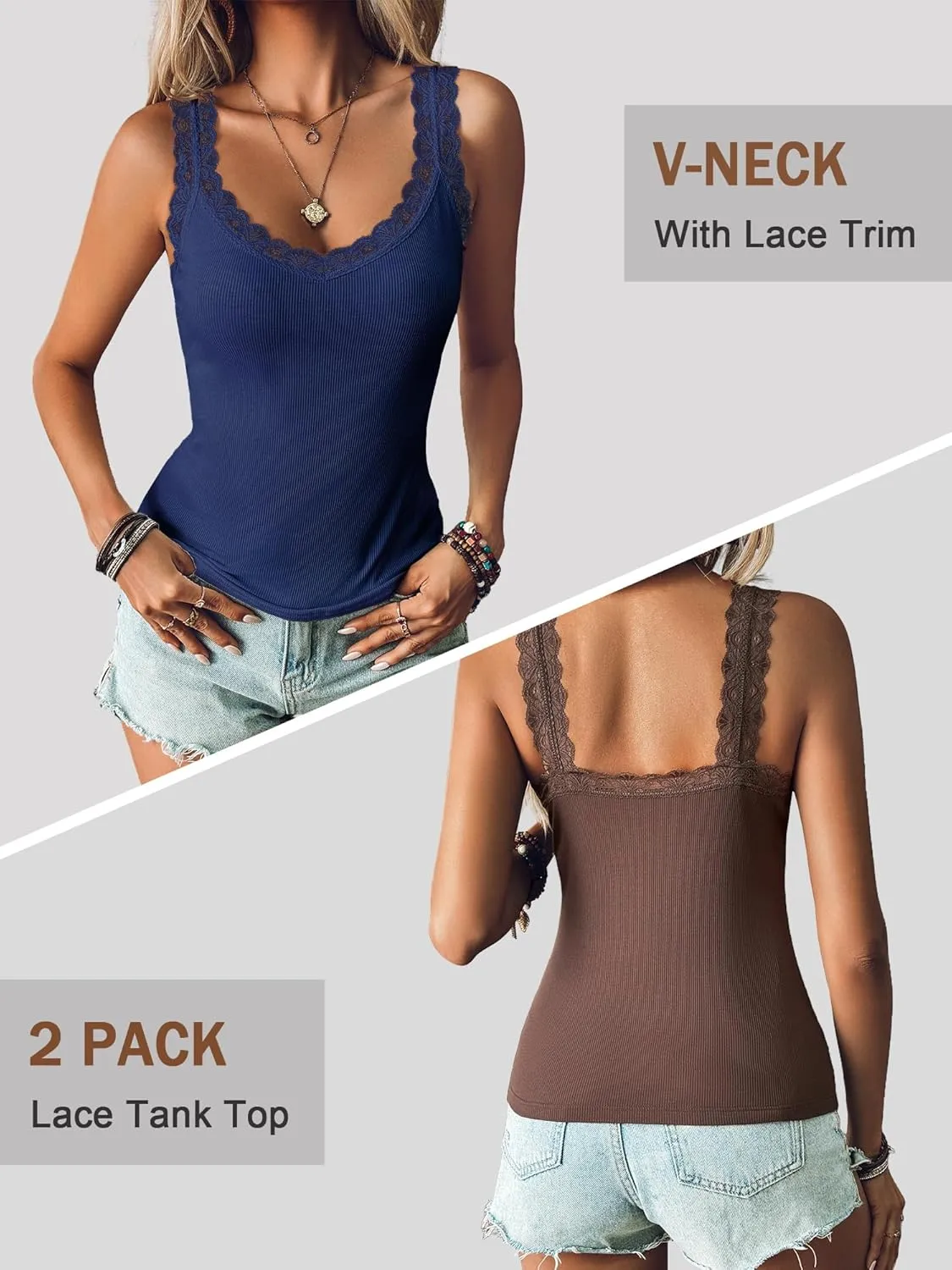 Ibeauti 2 Pack Lace Camisole Tank Tops for Women Sleeveless Summer Going Out Tops Ribbed Cami Undershirts