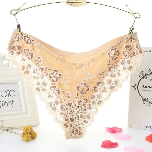 Lace Panties Low-waist Brief Thong Floral Embroidered Underwear T-back Transparent G String Underpant Lingerie