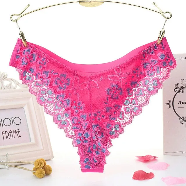 Lace Panties Low-waist Brief Thong Floral Embroidered Underwear T-back Transparent G String Underpant Lingerie