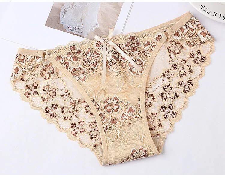 Lace Panties Low-waist Brief Thong Floral Embroidered Underwear T-back Transparent G String Underpant Lingerie
