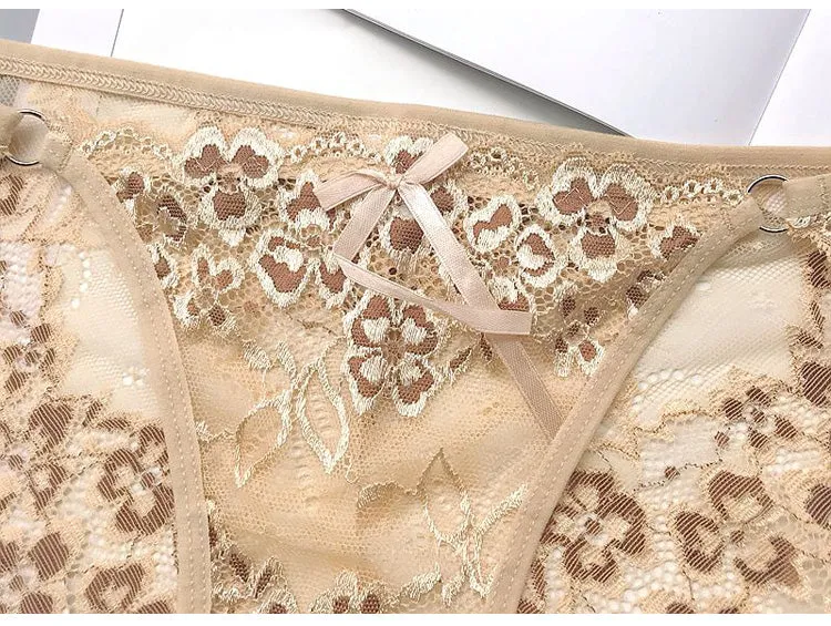 Lace Panties Low-waist Brief Thong Floral Embroidered Underwear T-back Transparent G String Underpant Lingerie