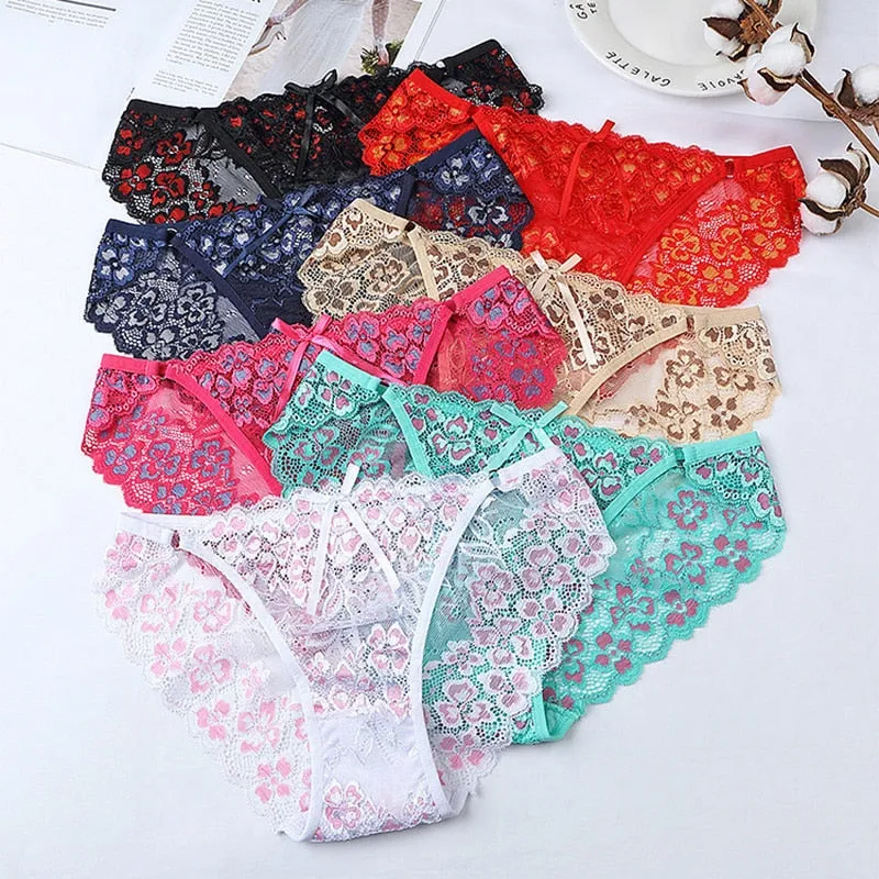Lace Panties Low-waist Brief Thong Floral Embroidered Underwear T-back Transparent G String Underpant Lingerie