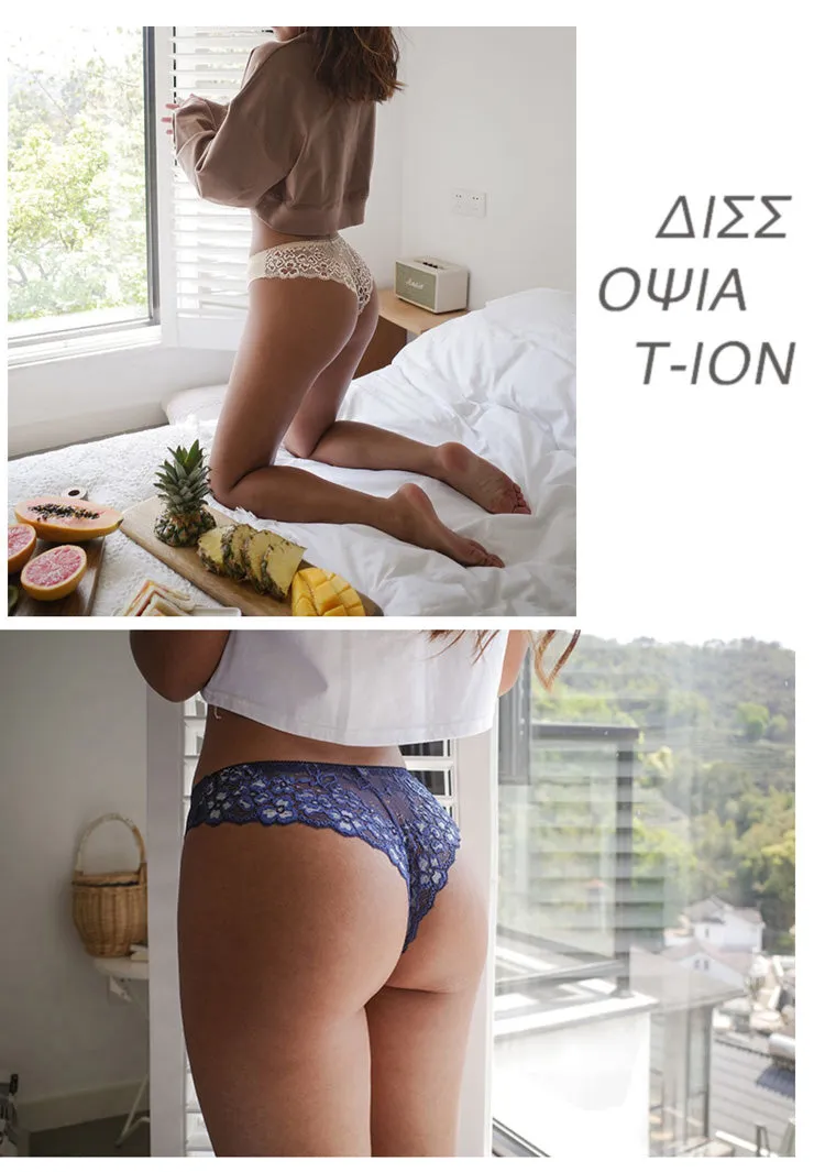 Lace Panties Low-waist Brief Thong Floral Embroidered Underwear T-back Transparent G String Underpant Lingerie